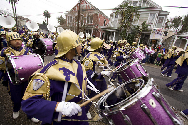 High school marching bands are a mainstay at Mardi Gras parades, and the St. Augustine High School "Marching 100" is always a crowd favorite. (Photo courtesy Flickr user Derek Bridges)