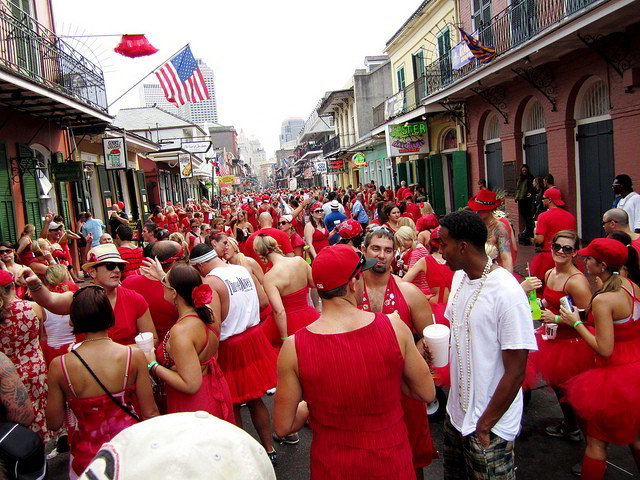 Each August, the streets of downtown New Orleans fill with runners in red dresses. (Photo courtesy Kimberly, Wikimedia Commons)