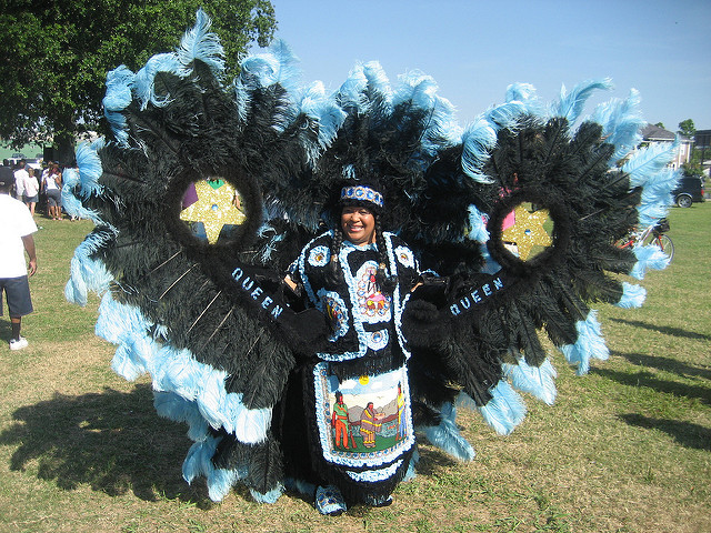The "Downtown" Mardi Gras Indians gather near the headwaters of Bayou St. John on Super Sunday. (Photo courtesy Flickr user Infrogmation)
